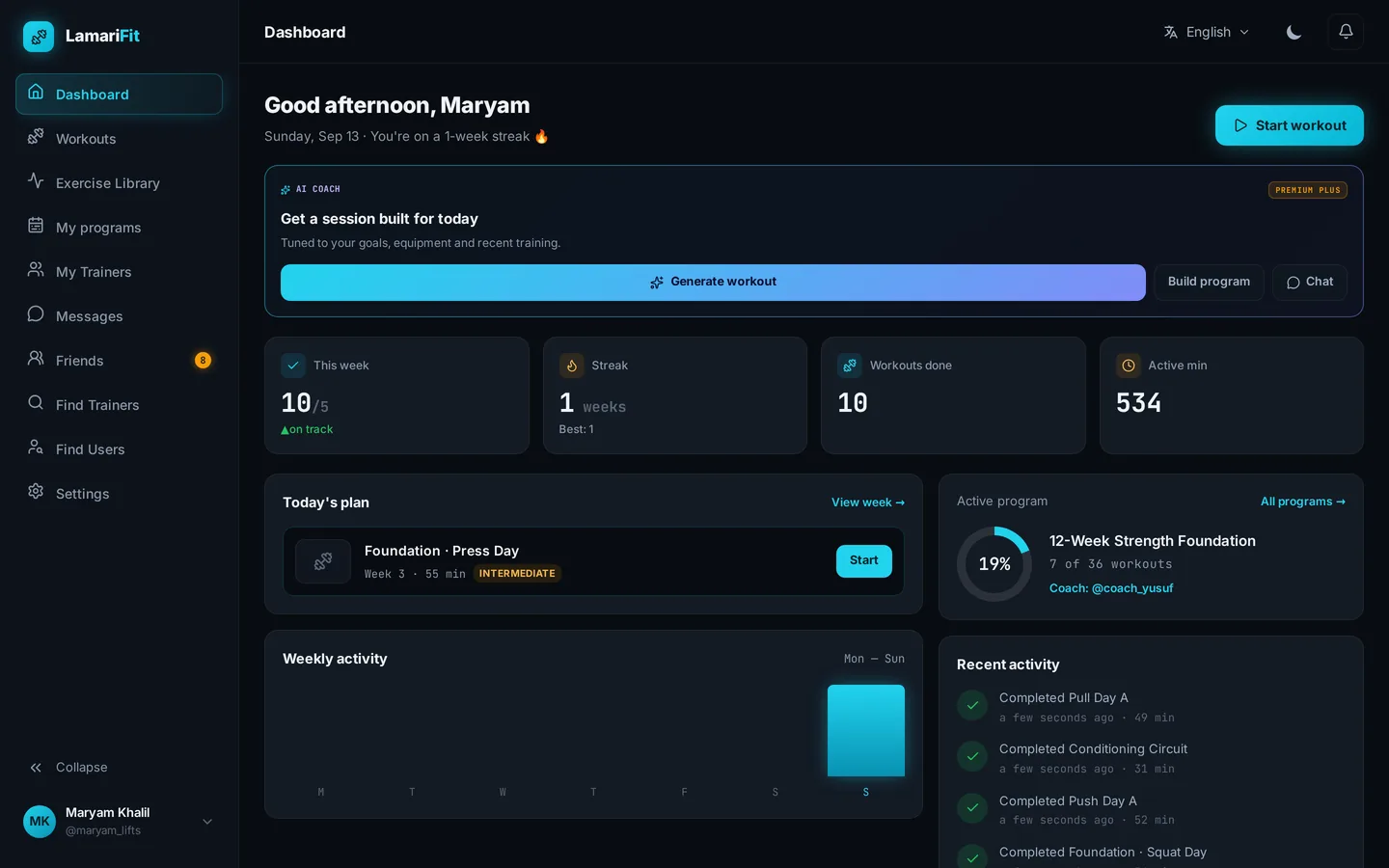 LamariFit dashboard showing the weekly goal, streak, today's planned workout and an active program