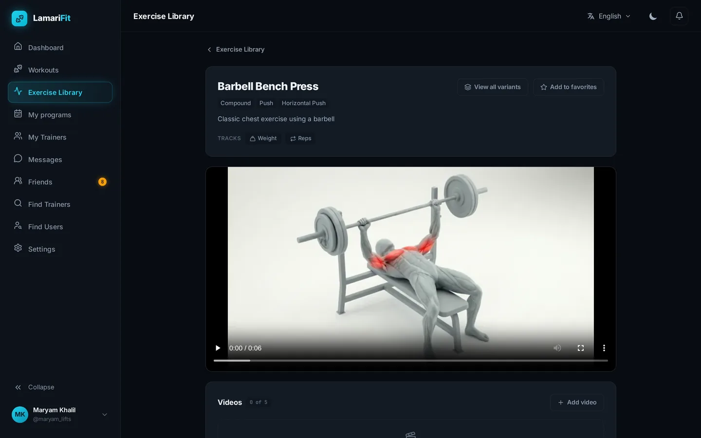 Barbell bench press exercise page with a demo video, tracked metrics and a Videos section