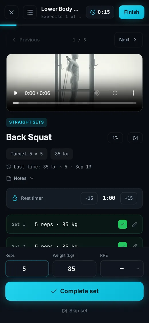 The same live session on a phone with a sticky complete-set bar