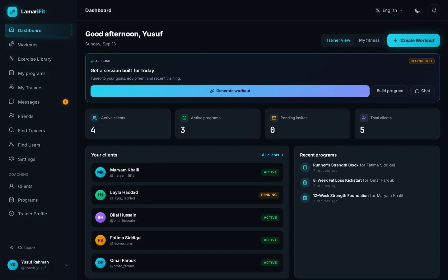 Trainer dashboard with active clients, programs, pending invites and recent programs