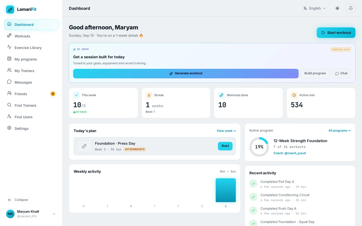 LamariFit dashboard showing the weekly goal, streak, today's planned workout and an active program