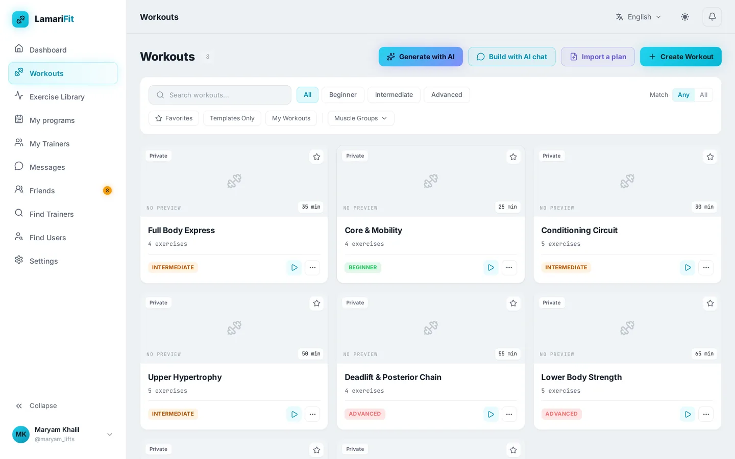 Workout library with difficulty, duration and muscle-group filters