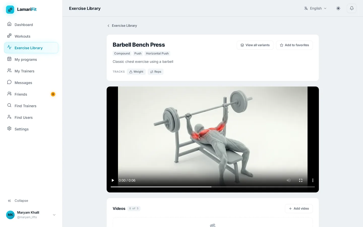 Barbell bench press exercise page with a demo video, tracked metrics and a Videos section