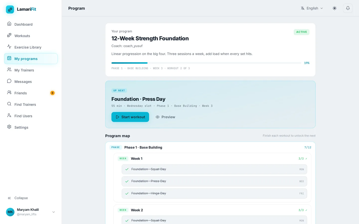 Program page with a progress bar, an Up next workout card and a phase-by-week program map